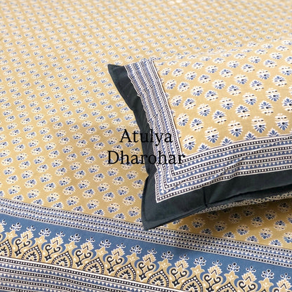 Yellow and Blue Butti Cotton King Size Bedsheet