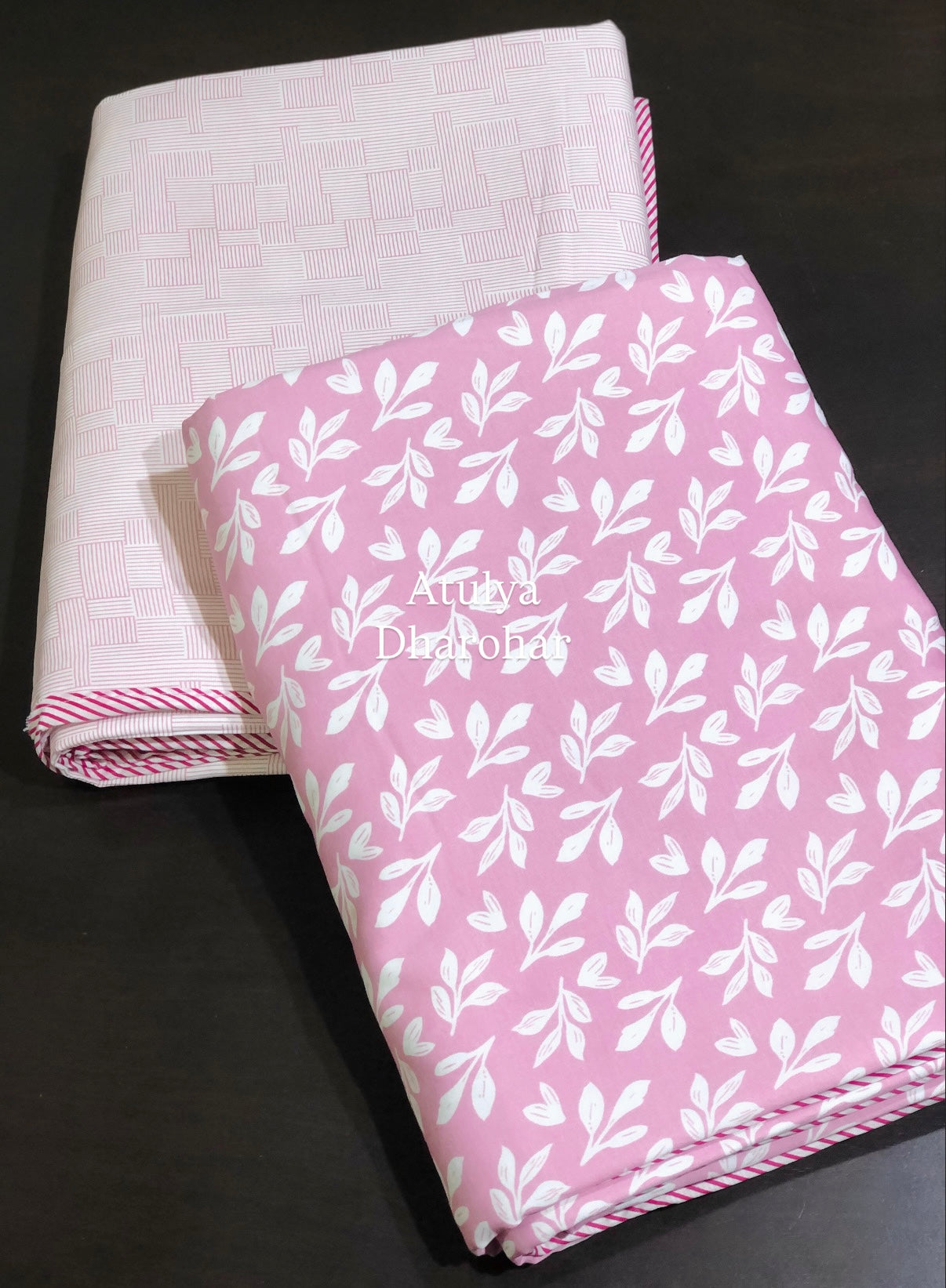 Pink Leafy Motifs Cambric Cotton Single Dohar Pair