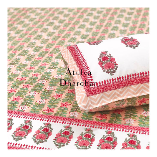 Pink and Green Floral Jaal Bedsheet