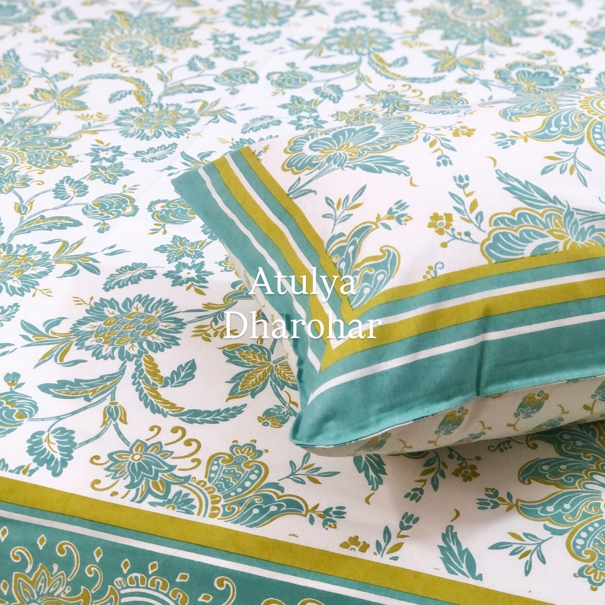 Turquoise and Green Floral Jaal Cotton King Size Bedsheet