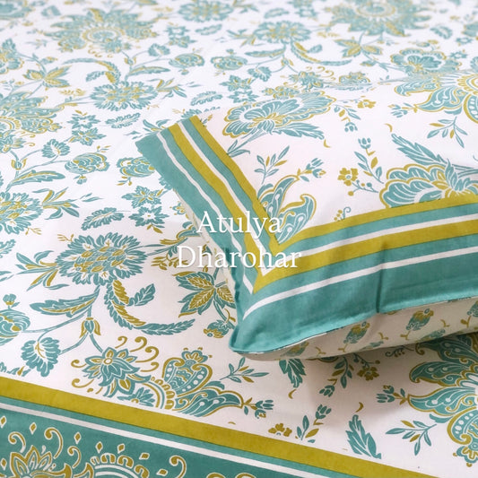 Turquoise and Green Floral Jaal Cotton King Size Bedsheet