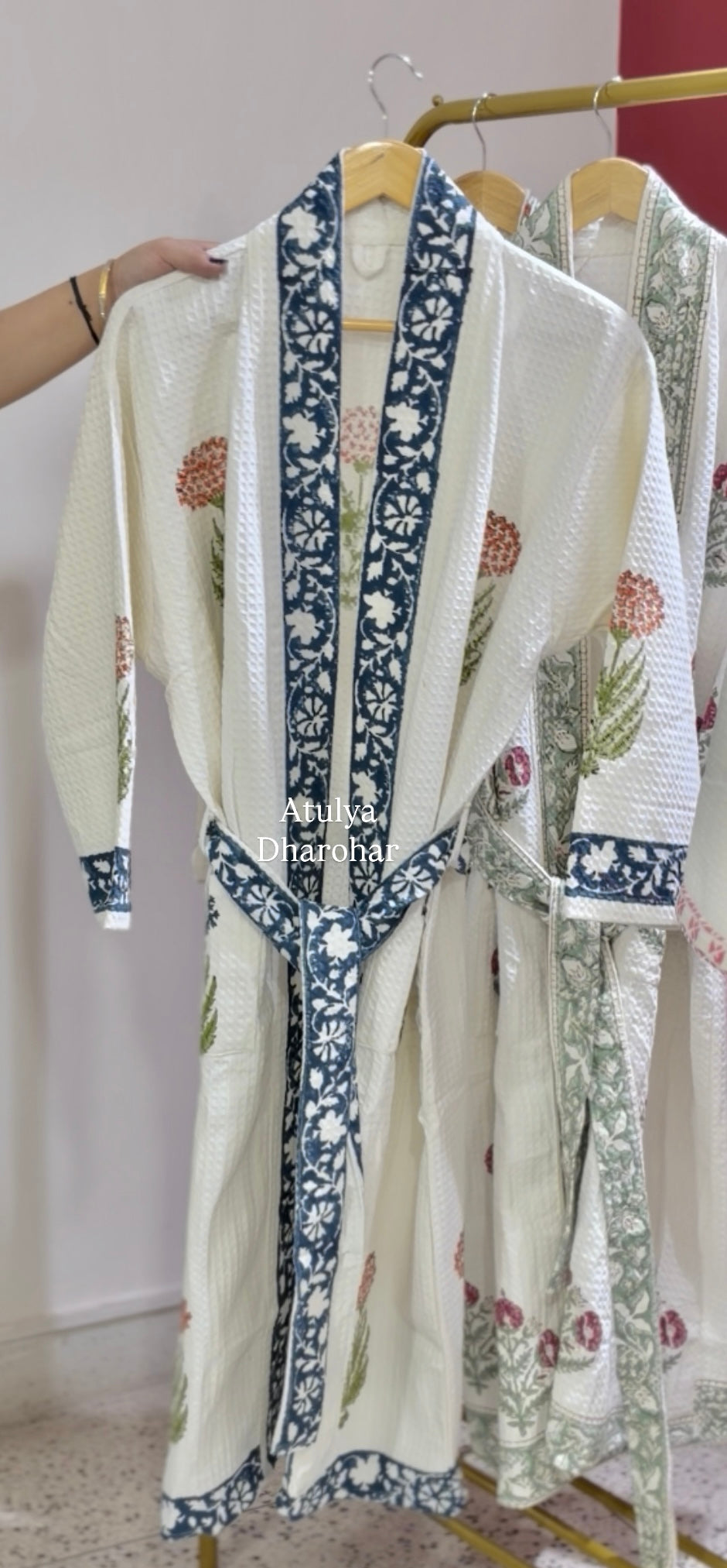 Blue and Orange Floral Motifs Waffle Cotton Bathrobe