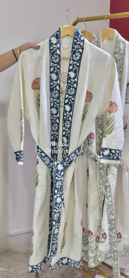 Blue and Orange Floral Motifs Waffle Cotton Bathrobe