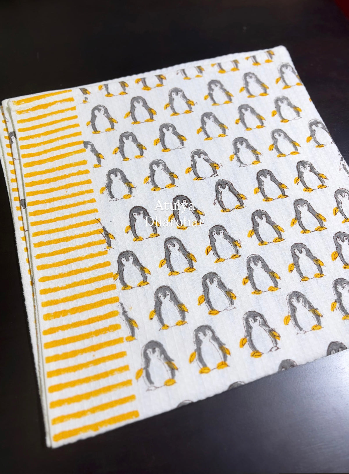 Penguin Hand Block Printed Waffle Cotton Kids Towel