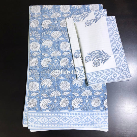 Blue Floral Jaal Hand Block Printed Super King Cotton Bedsheet