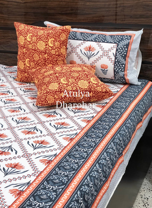 Orange Floral Motifs Cotton King Size Bedsheet