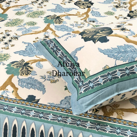 Blue and Green Floral Jaal Cotton Super King Bedsheet