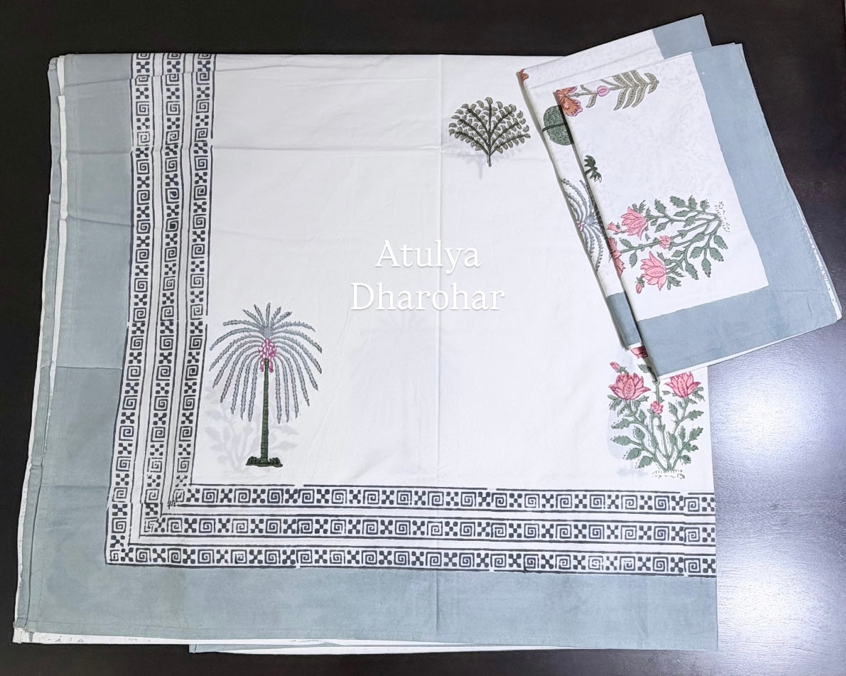 Pink and Orange Floral Motifs Percale Cotton Hand Block Printed Super King Bedsheet
