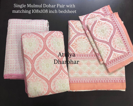 Peach Mughal Jaal Mulmul Single Dohar Pair and Super King Bedsheet Set