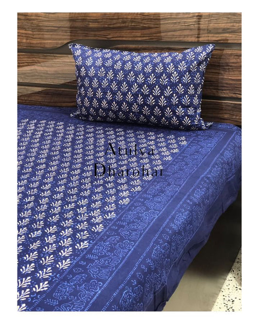 Indigo Classic Butti Hand Block Printed Bedsheet