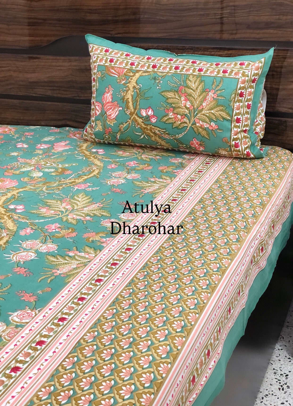 Turquoise and Pink Floral Jaal Cotton King Size Bedsheet