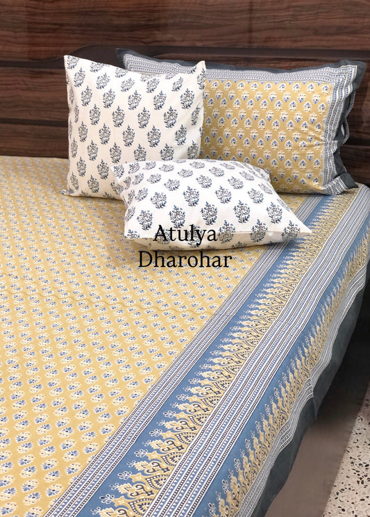 Yellow and Blue Butti Cotton King Size Bedsheet