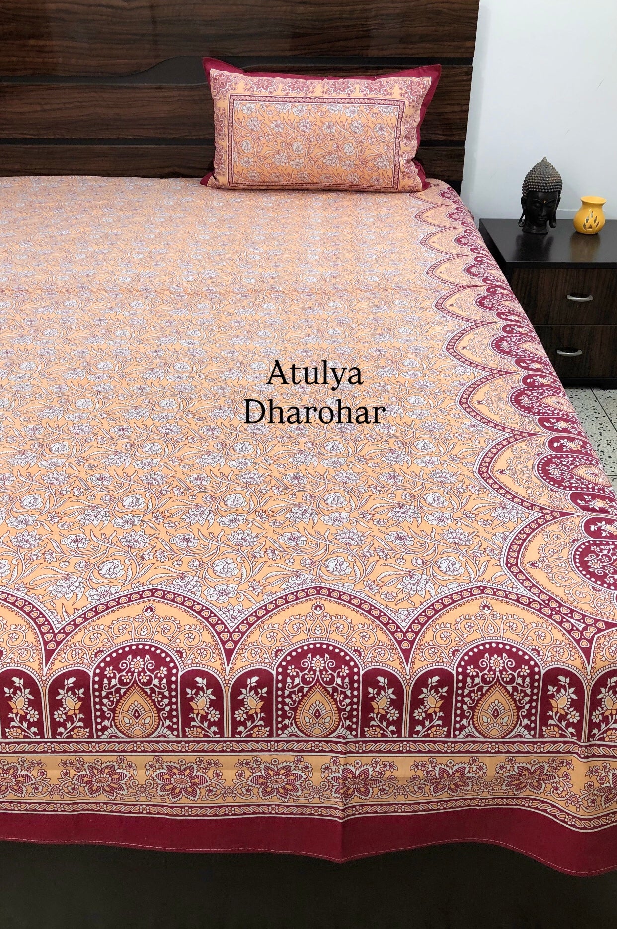 Peach Floral Jaal Cotton King Size Bedsheet