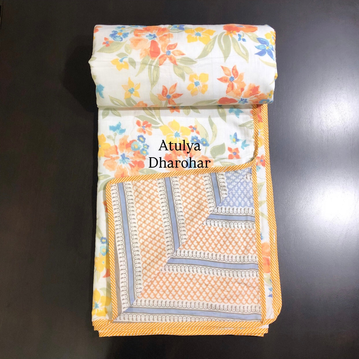 Orange Floral Jaal Mulmul Double Bed Dohar