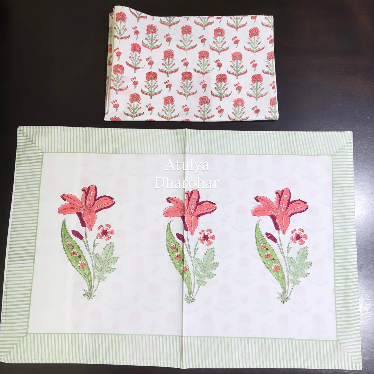 Pink Floral Motifs Percale Cotton Hand Block Printed Super King Bedsheet