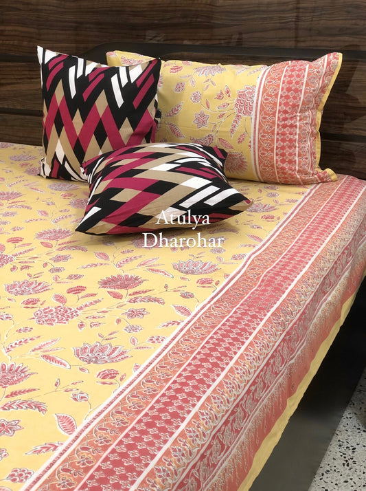 Yellow and Pink Floral Jaal Super King Bedsheet