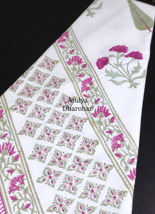 Magenta Pink Floral Motifs Hand Block Printed Waffle Cotton Towel