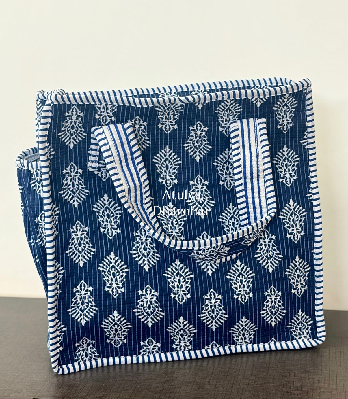 Indigo Butti Quilted Mini Tote Bag with Zip