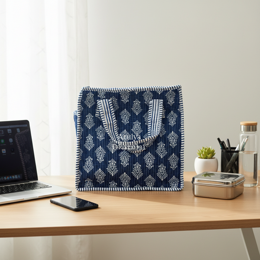 Indigo Butti Quilted Mini Tote Bag with Zip