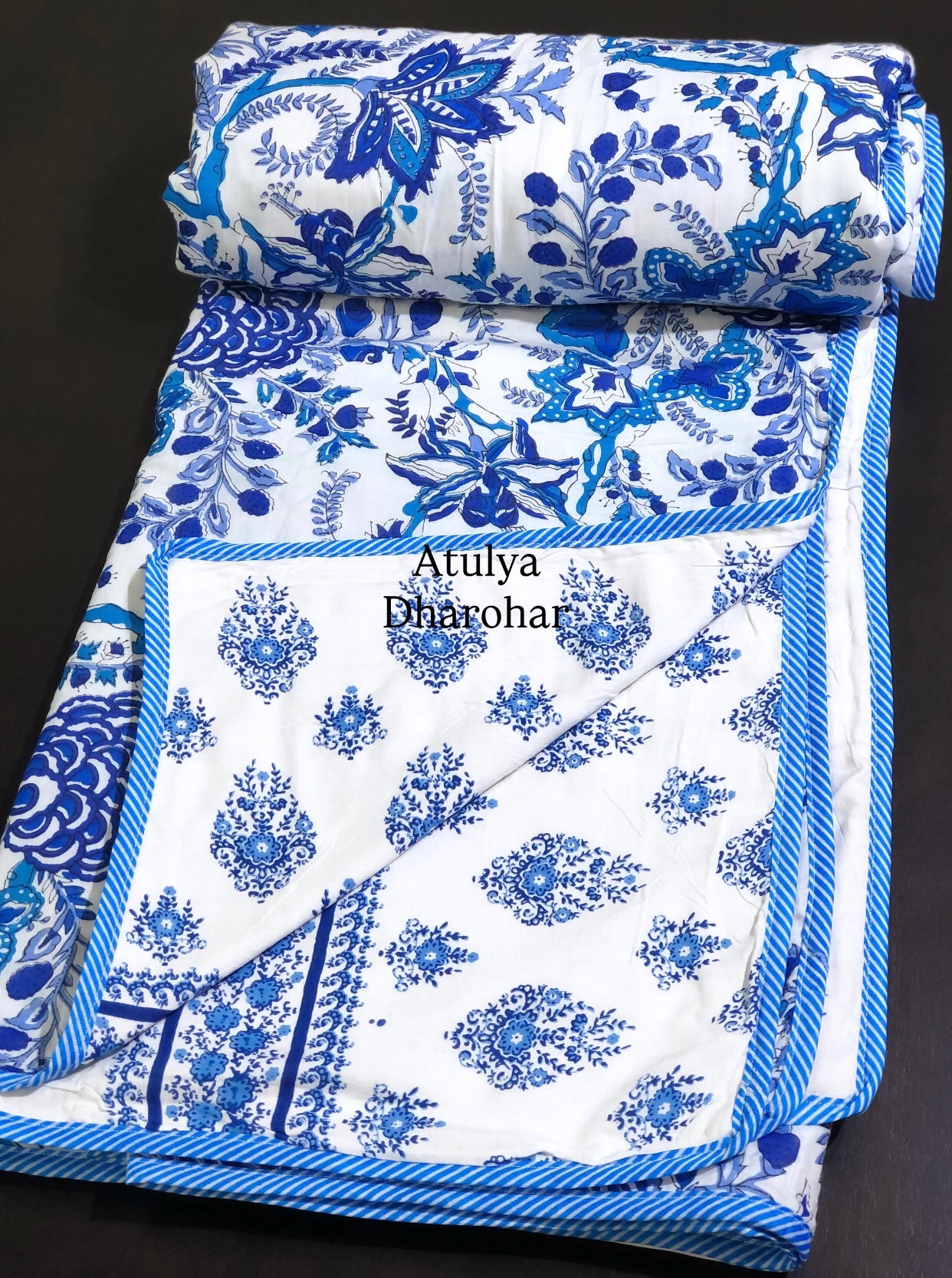 Blue Floral Jaal Mulmul Double Bed Dohar