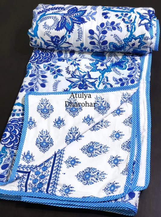 Blue Floral Jaal Mulmul Double Bed Dohar