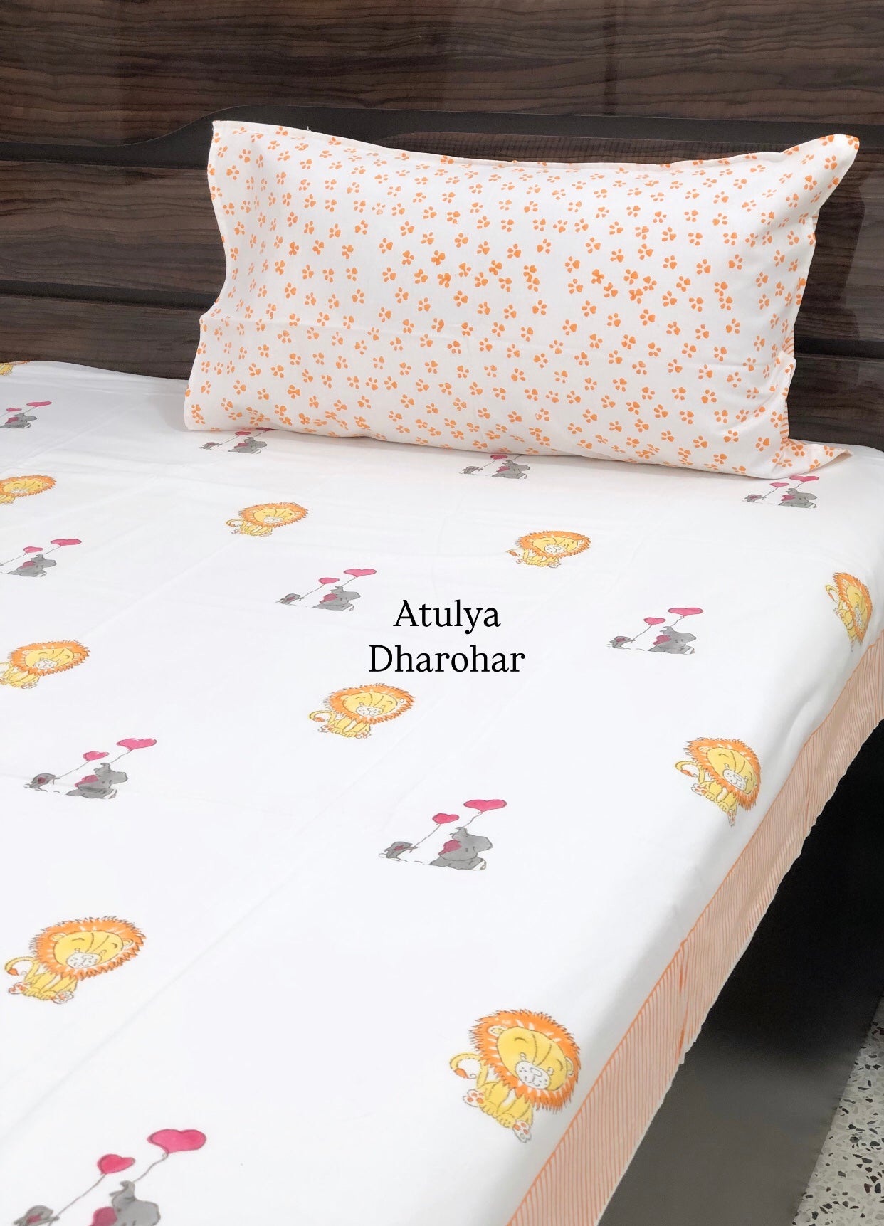 Lion and Elephant Kids Hand Block Printed Single Bedsheet