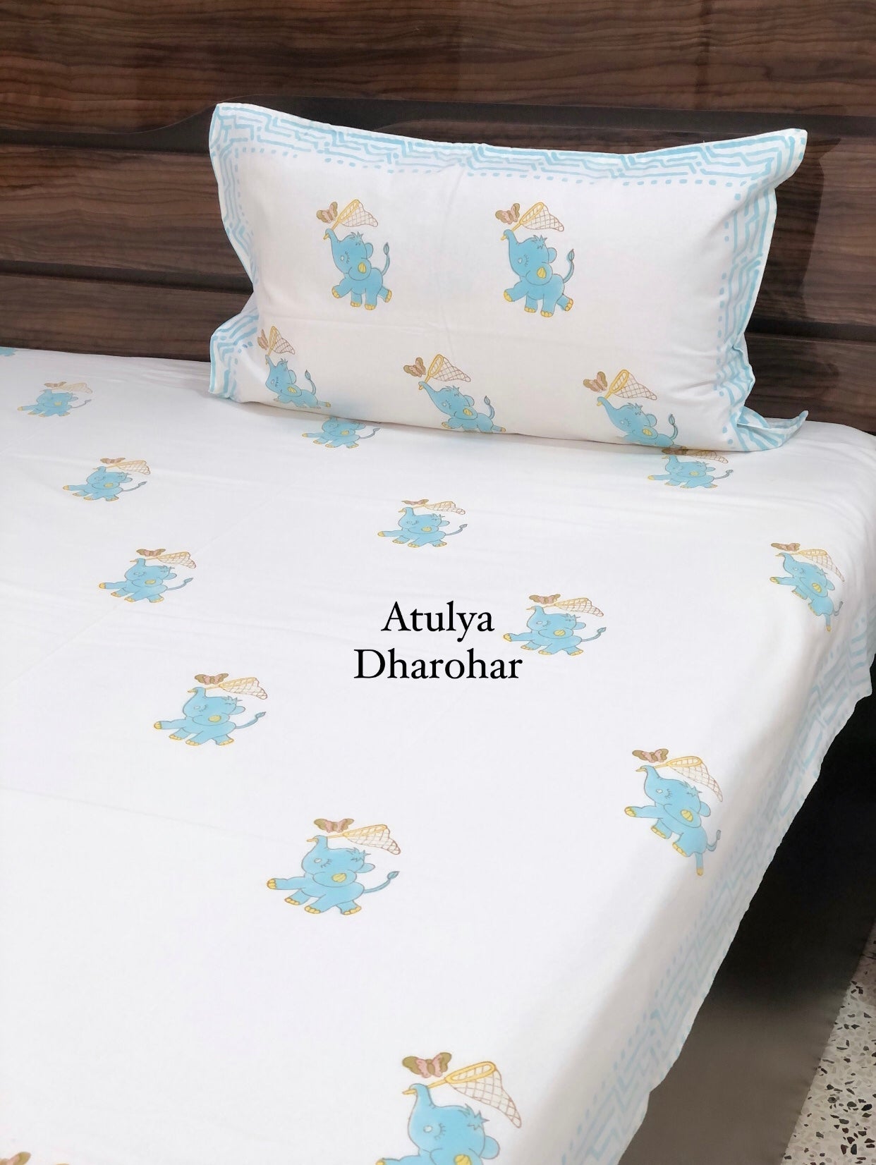 Elephant with Butterfly Kids Hand Block Printed Single Bedsheet