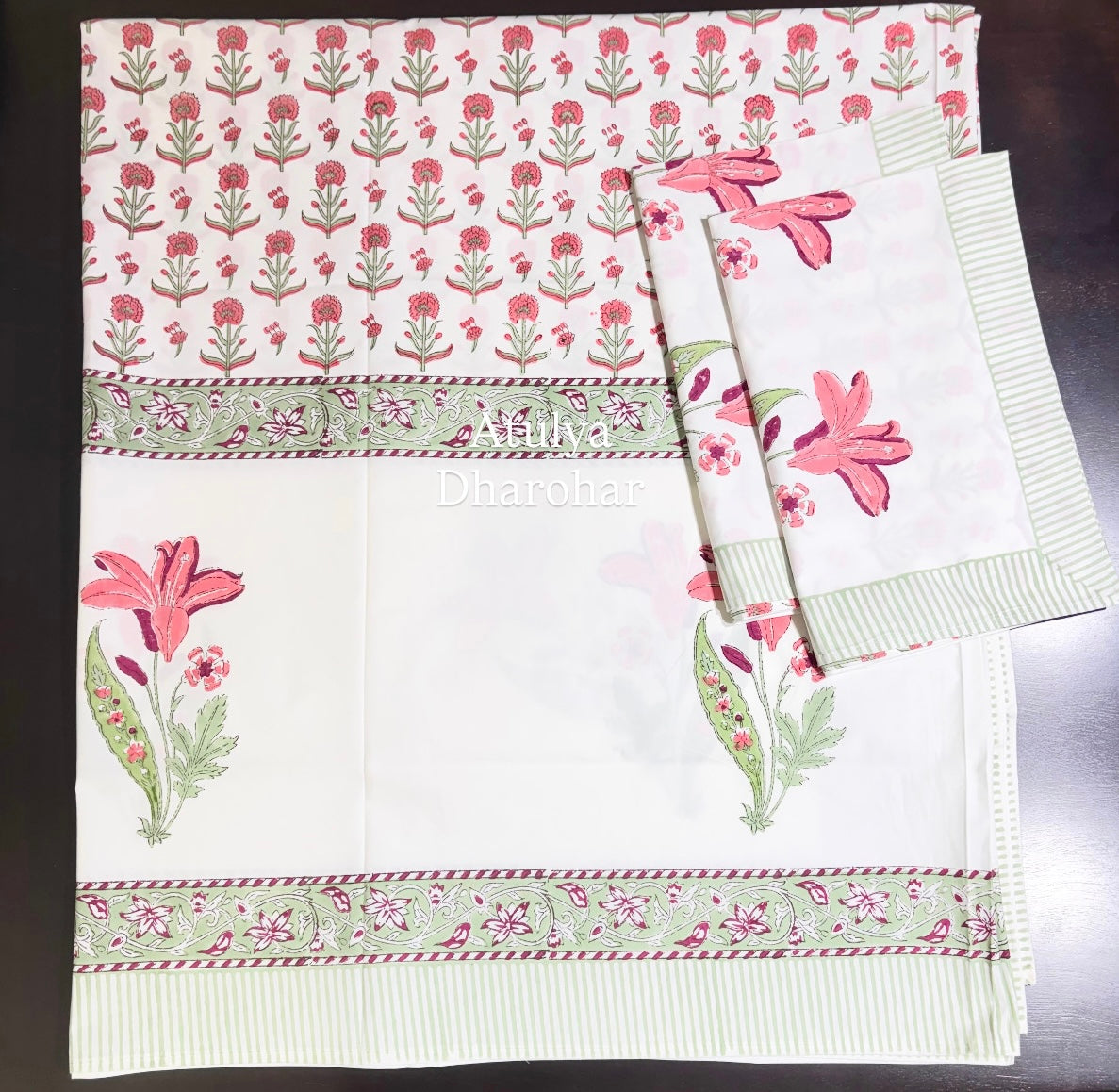 Pink Floral Motifs Percale Cotton Hand Block Printed Super King Bedsheet