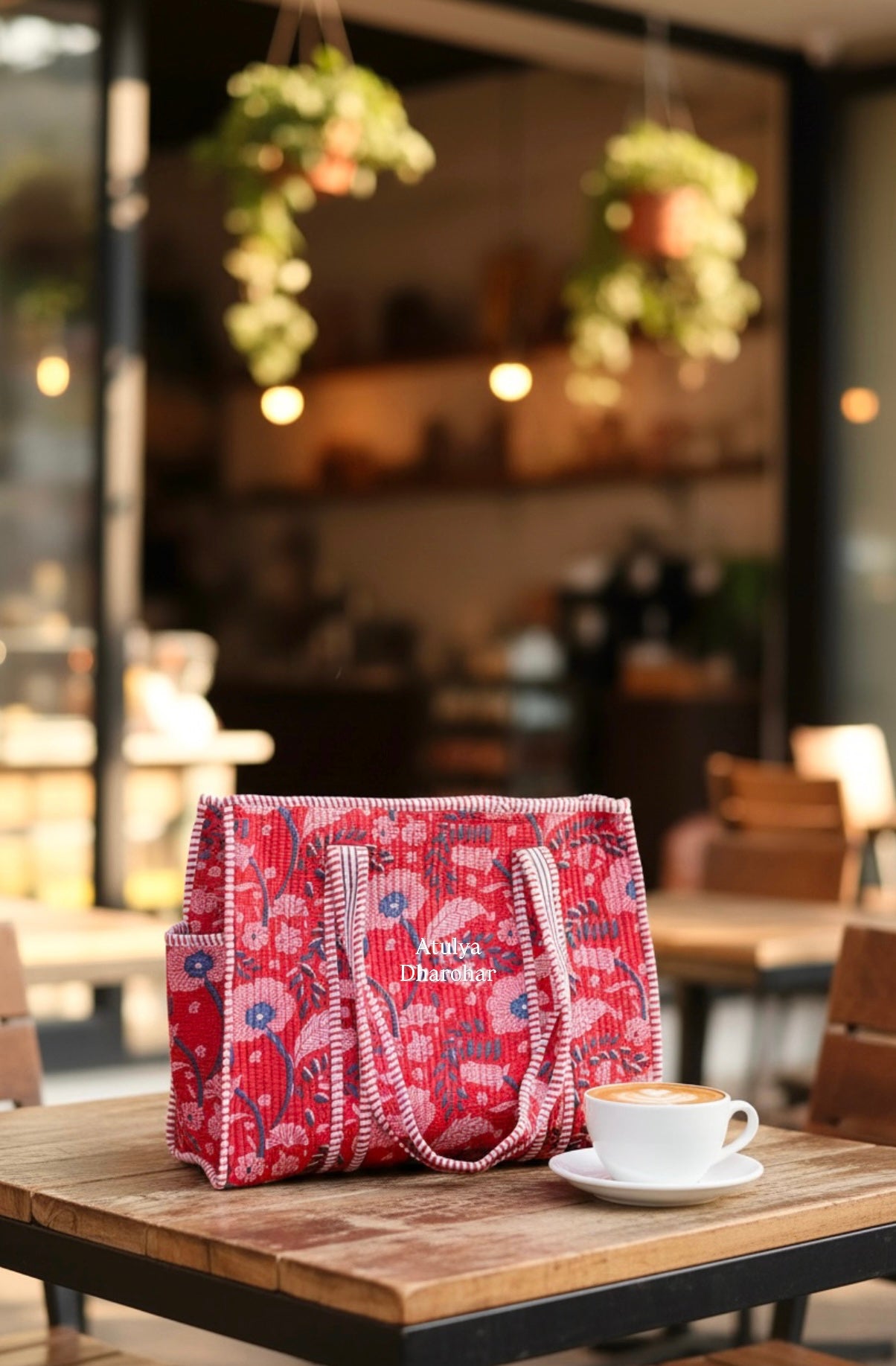 Red and Blue Floral Medium Tote Bag with Zip