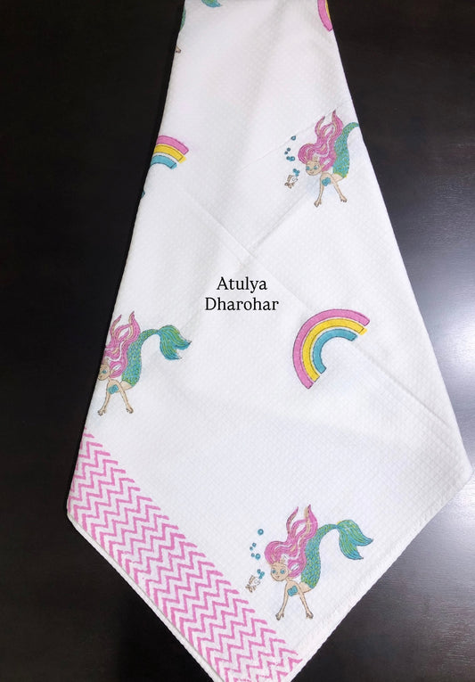 Mermaid with Rainbow Hand Block Printed Waffle Cotton Kids Towel