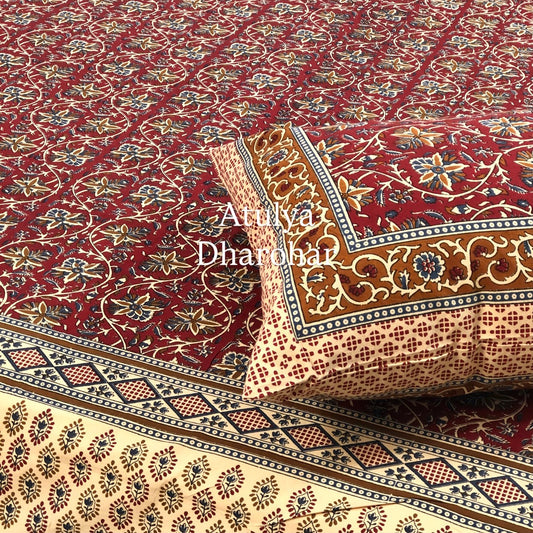 Maroon Kalamkari Cotton King Size Bedsheet