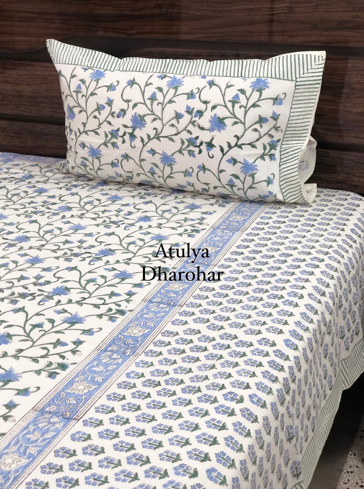 Blue Floral Jaal Hand Block Printed Super King Bedsheet