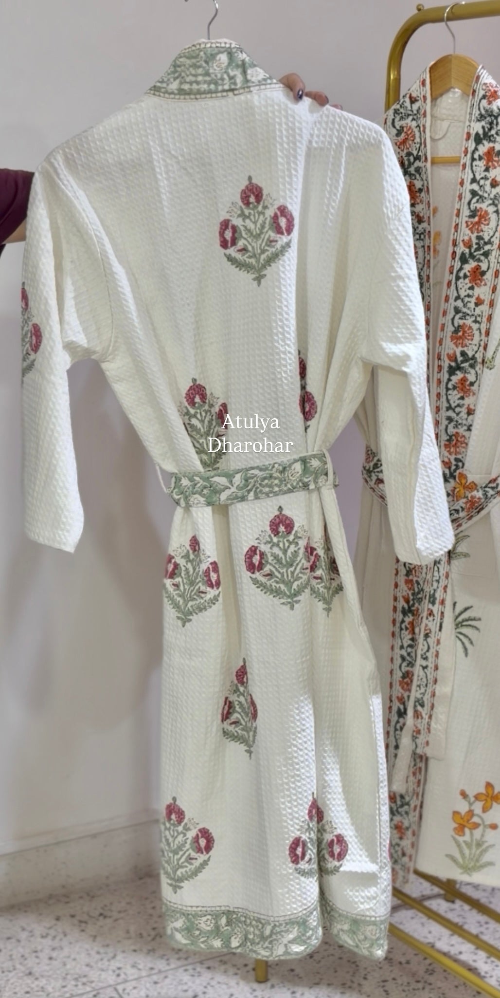 Magenta Pink and Green Floral Hand Block Printed Waffle Cotton Bathrobe
