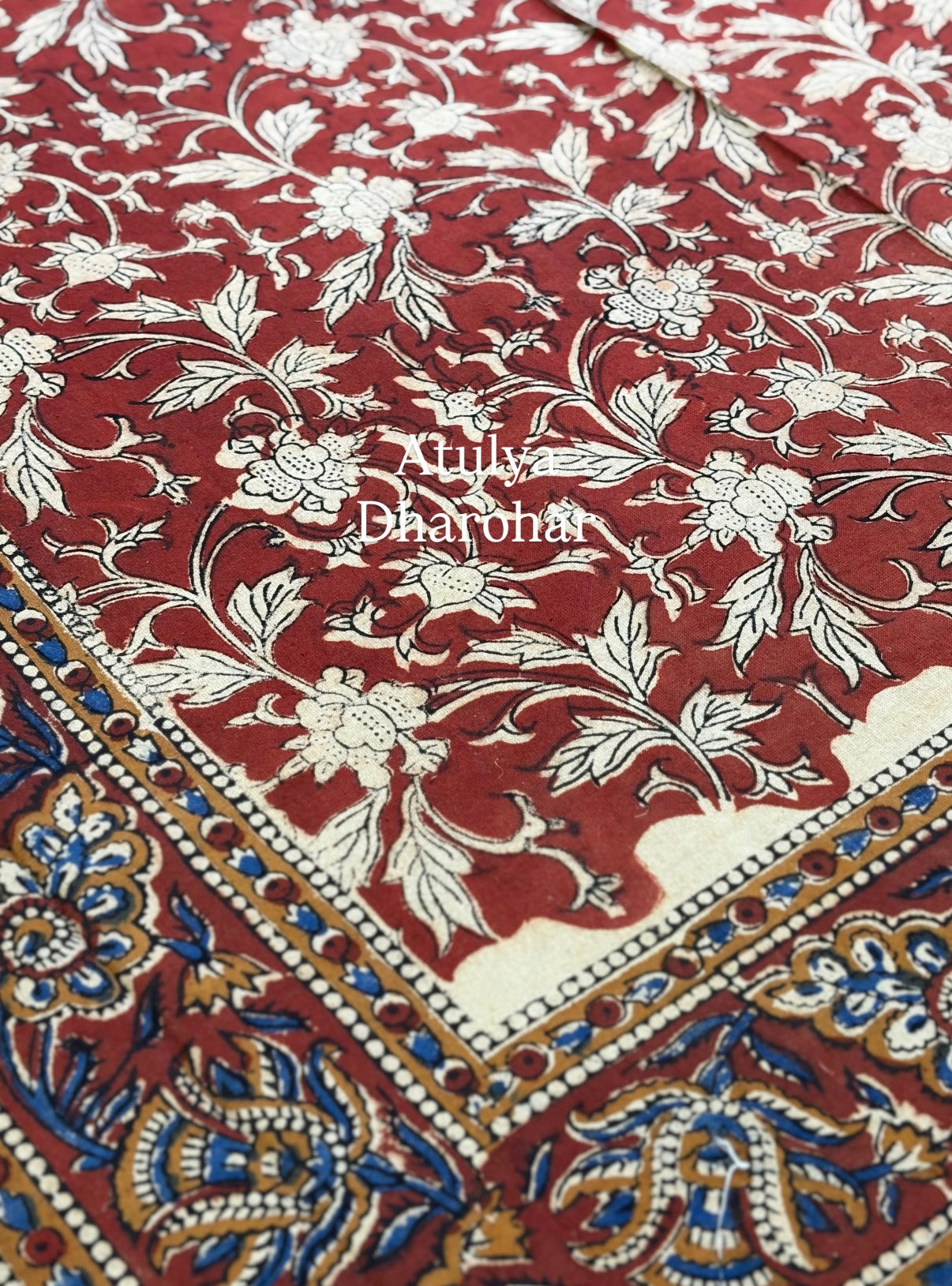 Maroon and Black Kalamkari Hand Block Dining Table Cover