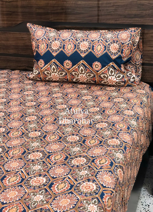 Indigo and Red Floral Mughal Jaal Super King Cotton Bedsheet