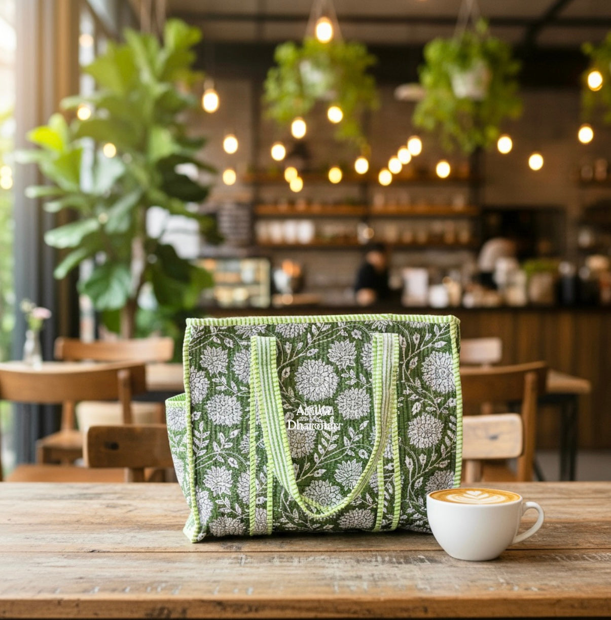 Green Floral Medium Tote Bag with Zip