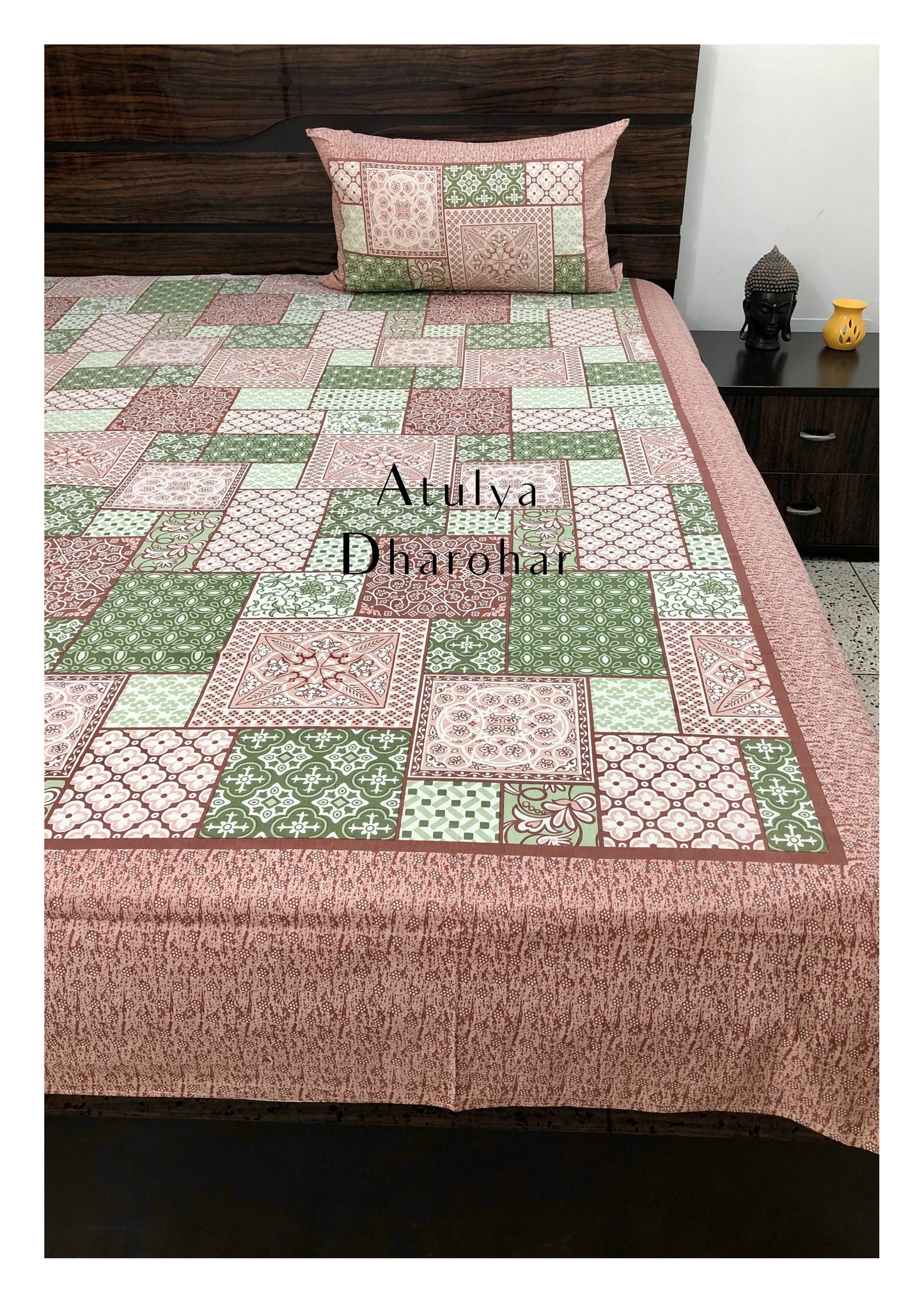 Pink and Green Patchwork Looking Bedsheet