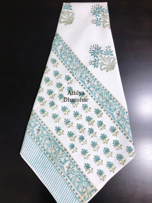 Teal Floral Motifs Hand Block Printed Waffle Cotton Towel
