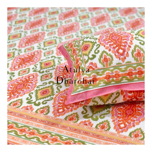 Pink and Green Ikat Bedsheet