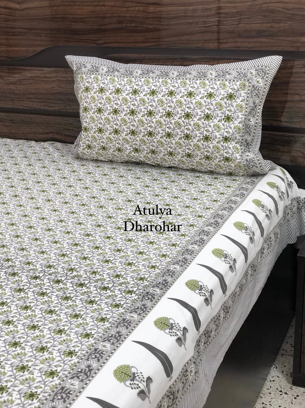 Green and Grey Floral Jaal Bedsheet