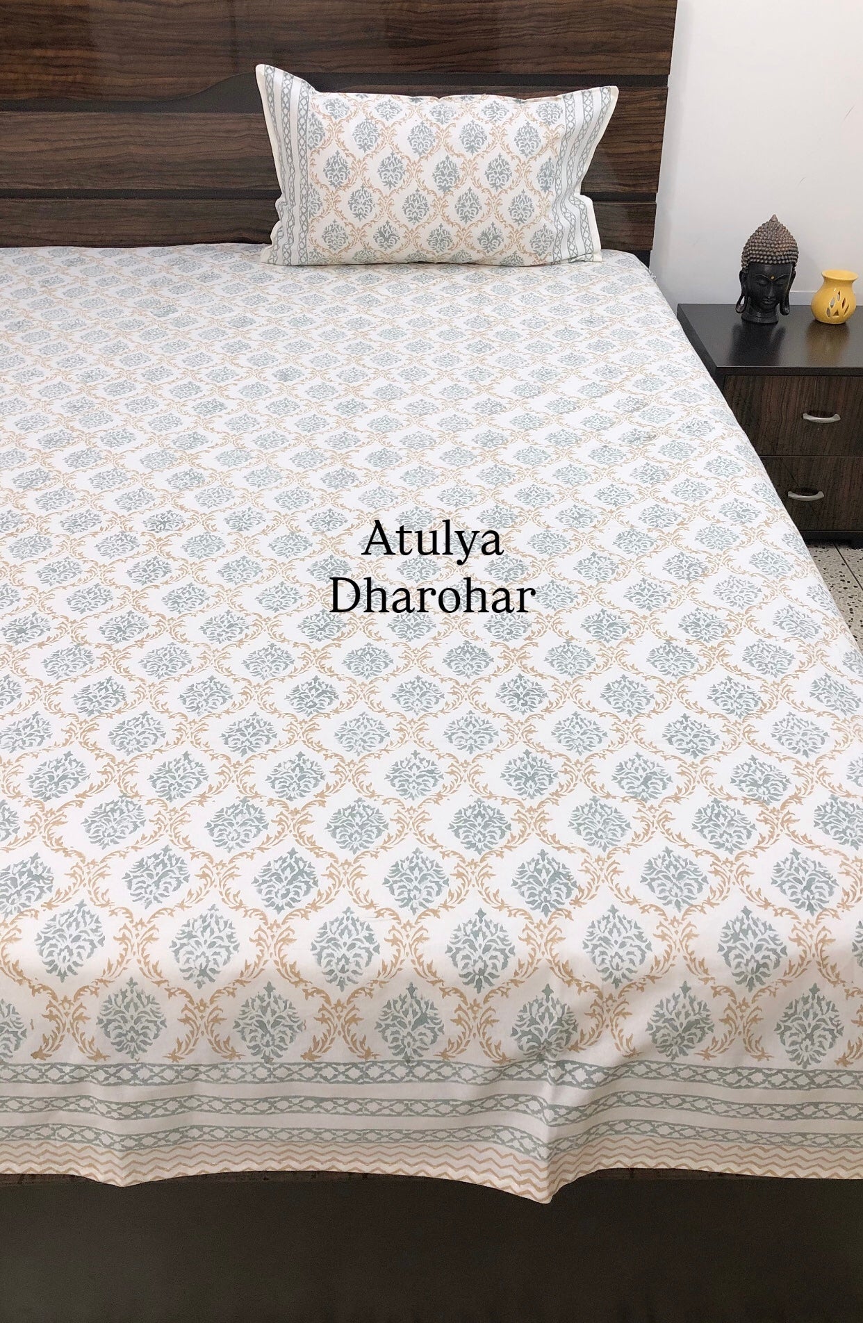 Golden Brown and Grey Green Mughal Jaal Hand Block Super King Cotton Bedsheet
