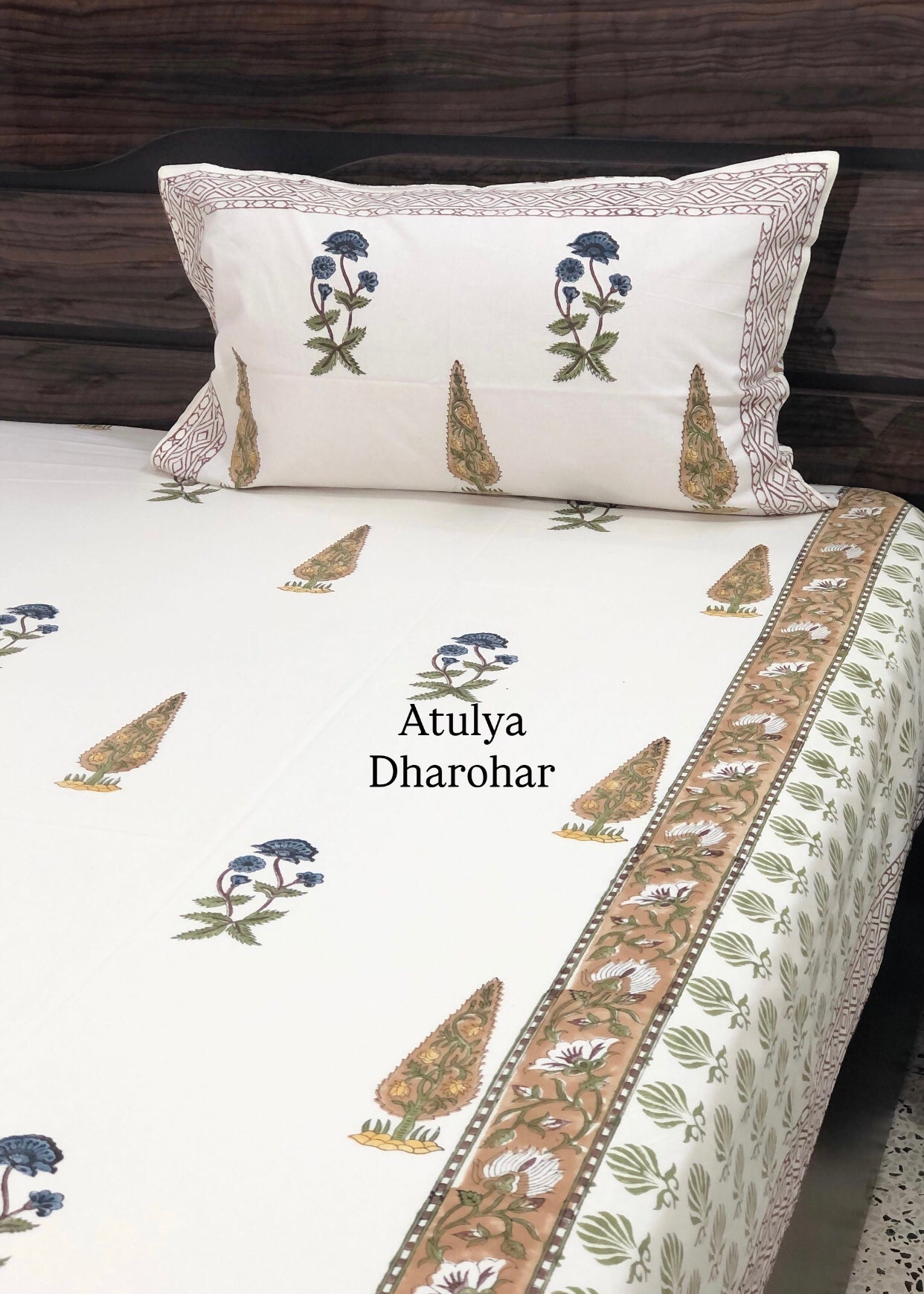 Blue and Brown Floral Cotton Hand Block Bedsheet