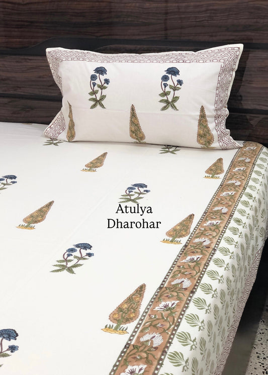 Blue and Brown Floral Cotton Hand Block Bedsheet