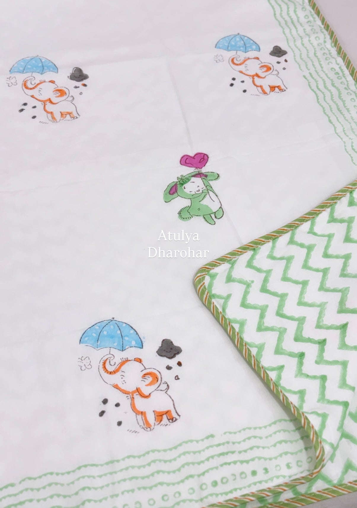 Bunny and Elephant Hand Block Printed Mulmul Baby Dohar