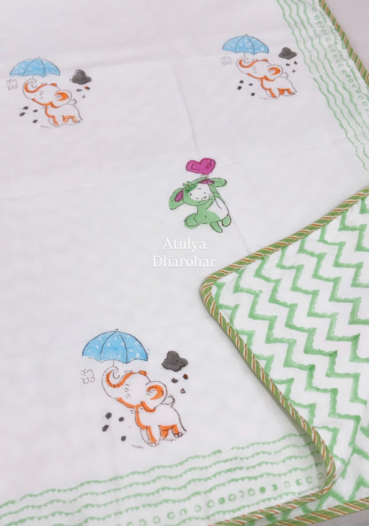 Bunny and Elephant Hand Block Printed Mulmul Baby Dohar