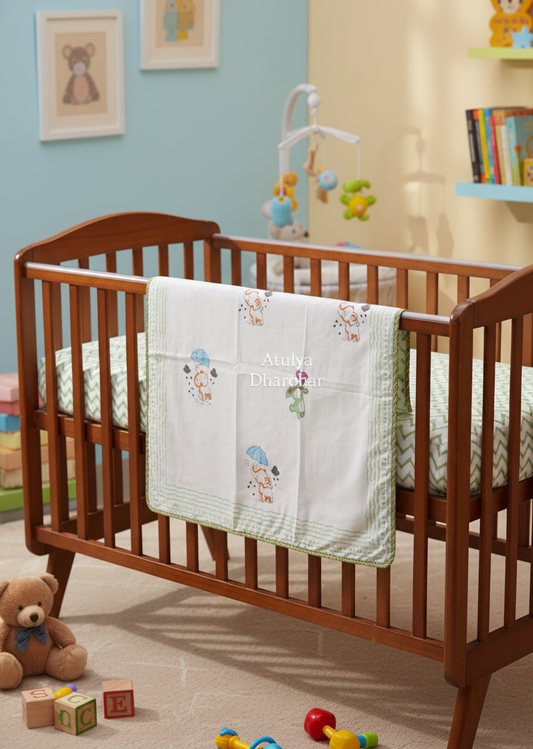 Bunny and Elephant Hand Block Printed Mulmul Baby Dohar