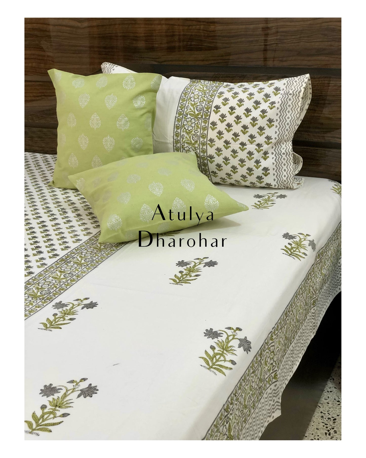 Designer Green Mughal Motifs Hand Block Bedsheet