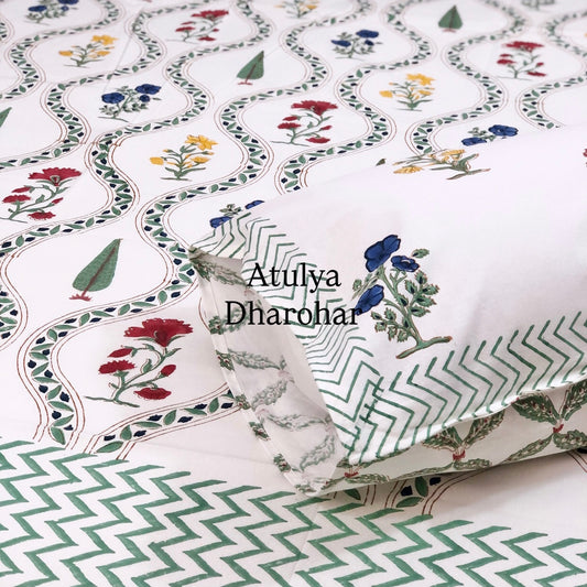 Multicolour Mughal Jaal Hand Block Printed Super King Bedsheet