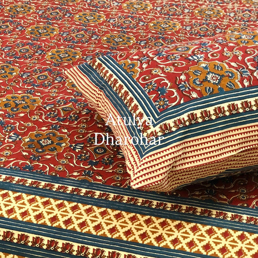 Maroon and Mustard Kalamkari Cotton King Size Bedsheet