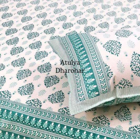 Turquoise Mughal Motifs Cotton King Size Bedsheet